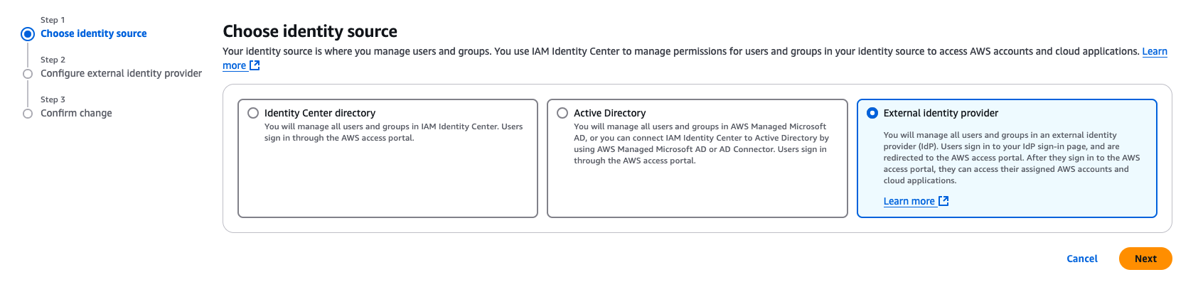 Screenshot showing External Identity provider selection in AWS IAM Identity Center