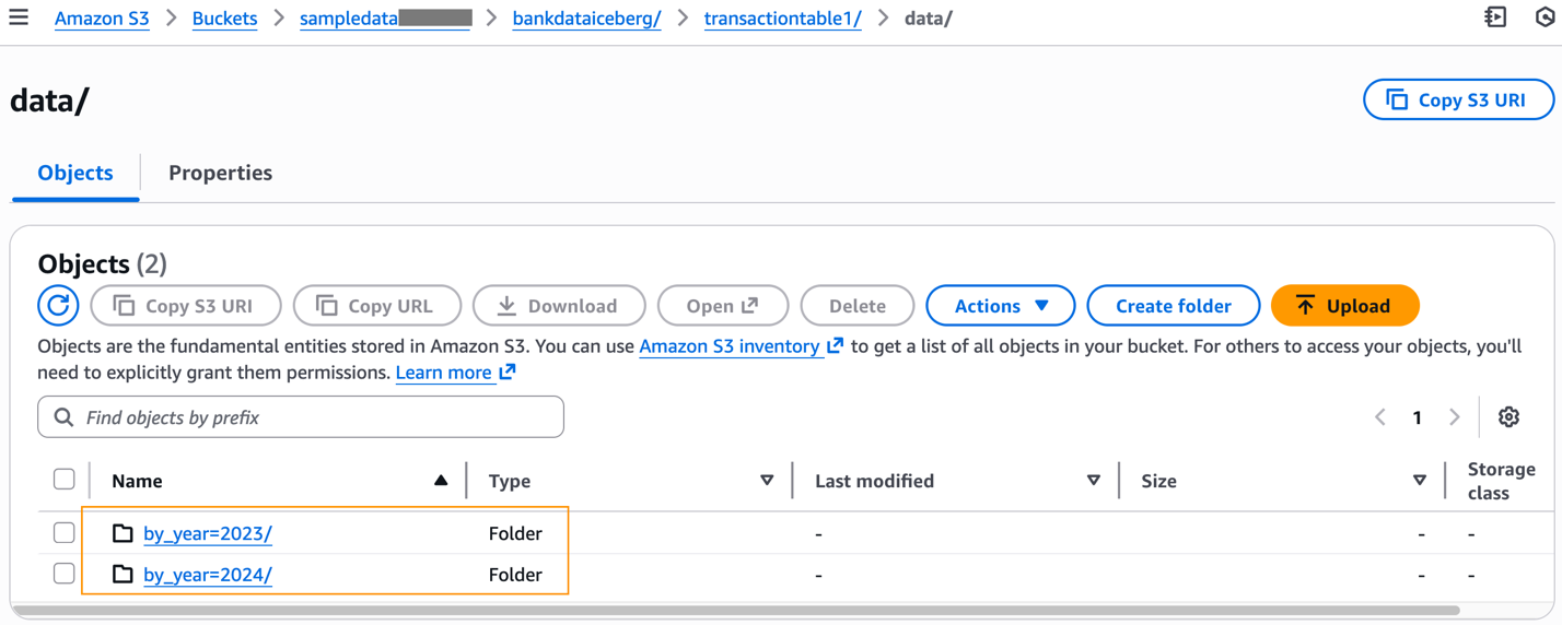 Amazon S3 bucket interface displaying data folder with two subfolders organized by year: 2023 and 2024