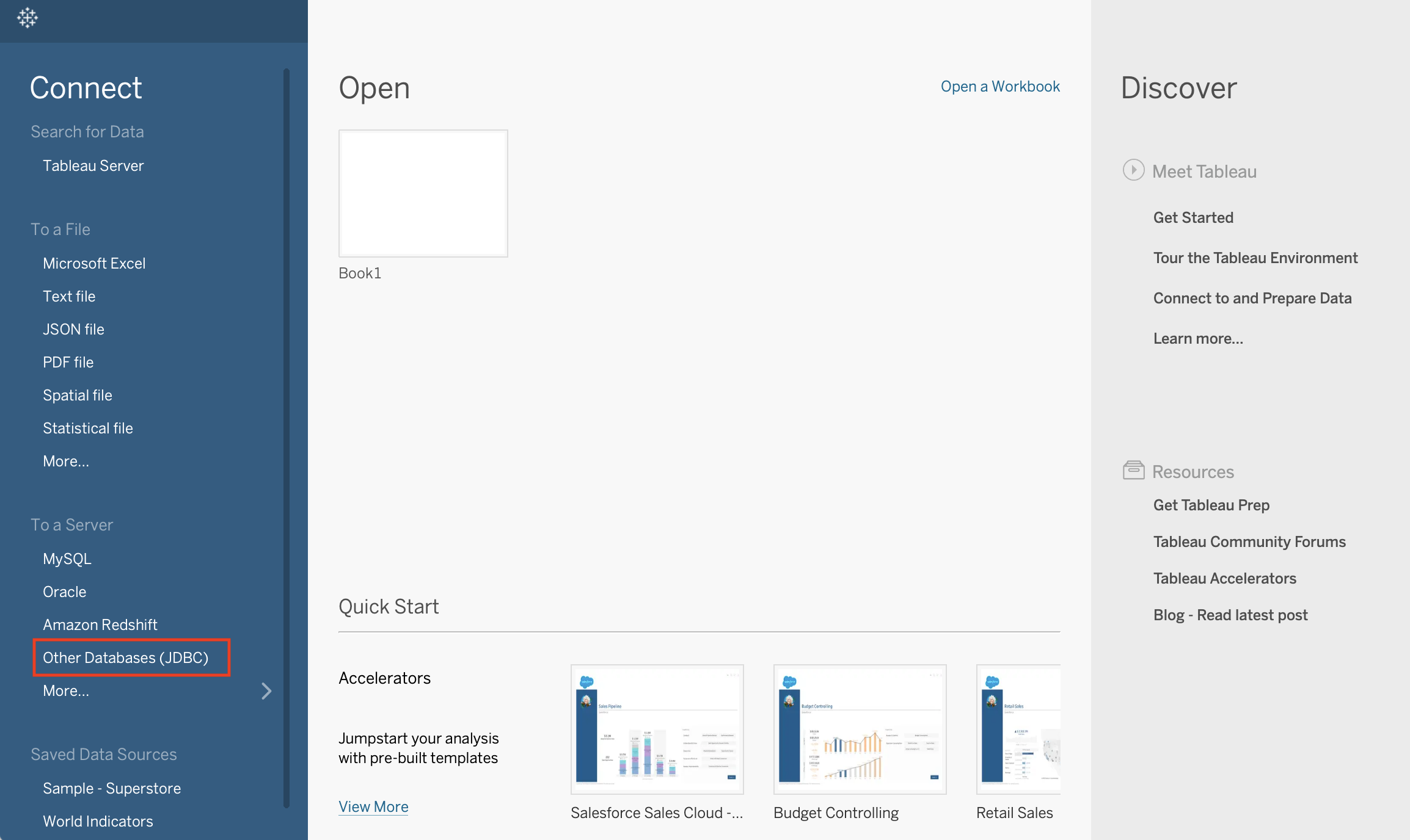 Tableau start page showing connection options with Other Databases JDBC option highlighted