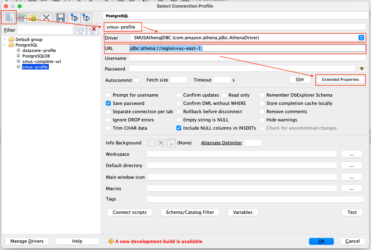 PostgreSQL connection profile configuration dialog with Amazon Athena JDBC driver settings and authentication options