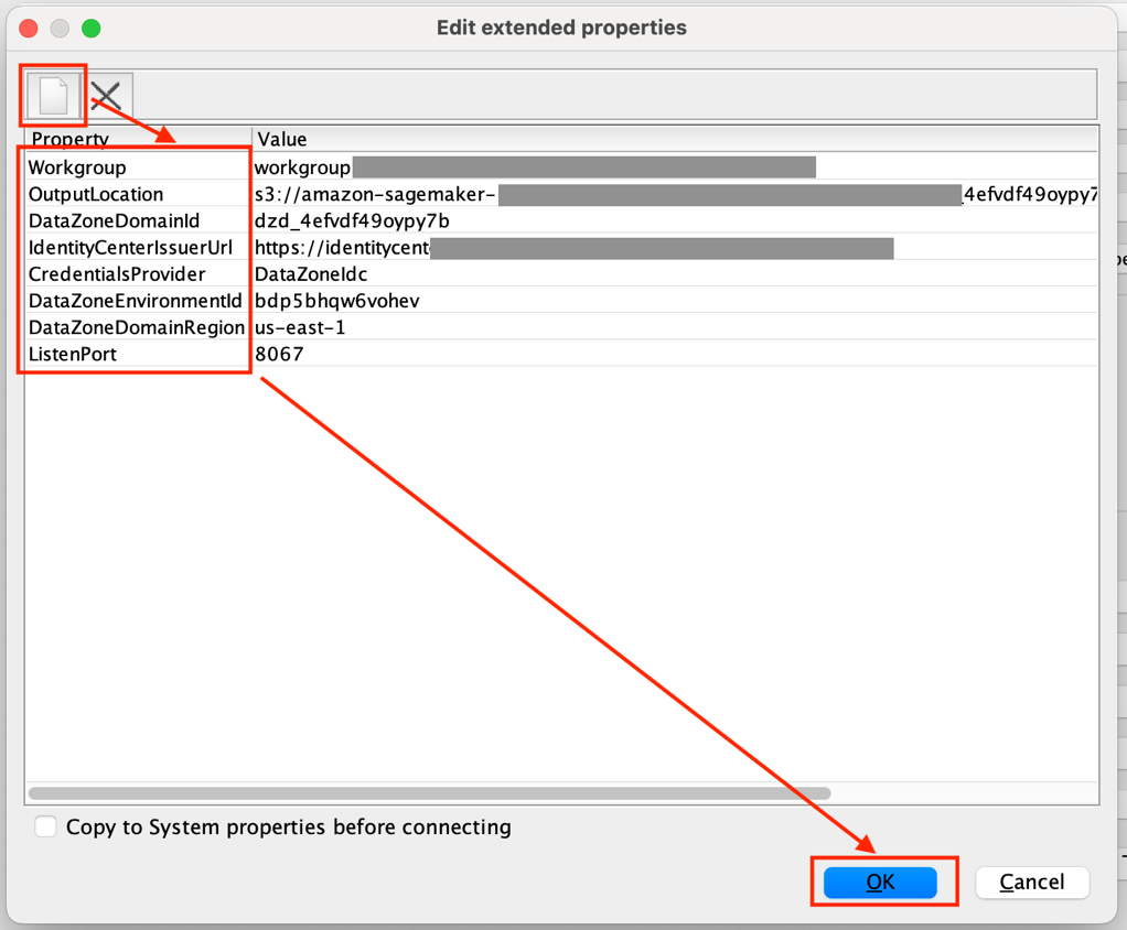 Extended properties configuration dialog showing AWS DataZone connection parameters including domain ID, environment ID, and listen port 8067