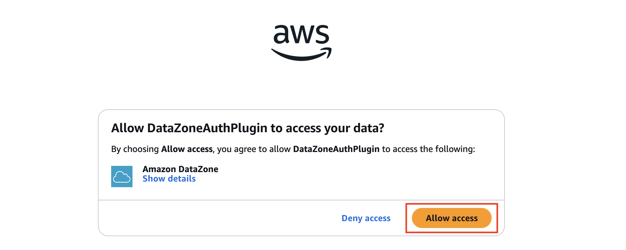 AWS DataZone authorization dialog requesting user permission for application access