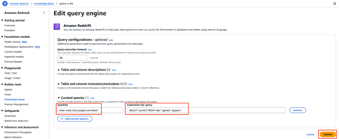 Edit query engine page showing curated query example for player count