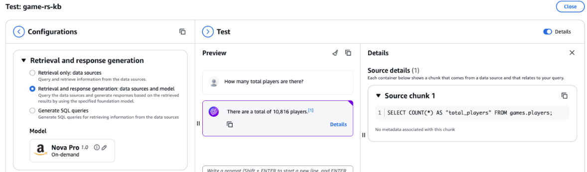 Test results showing total player count query with SQL source details