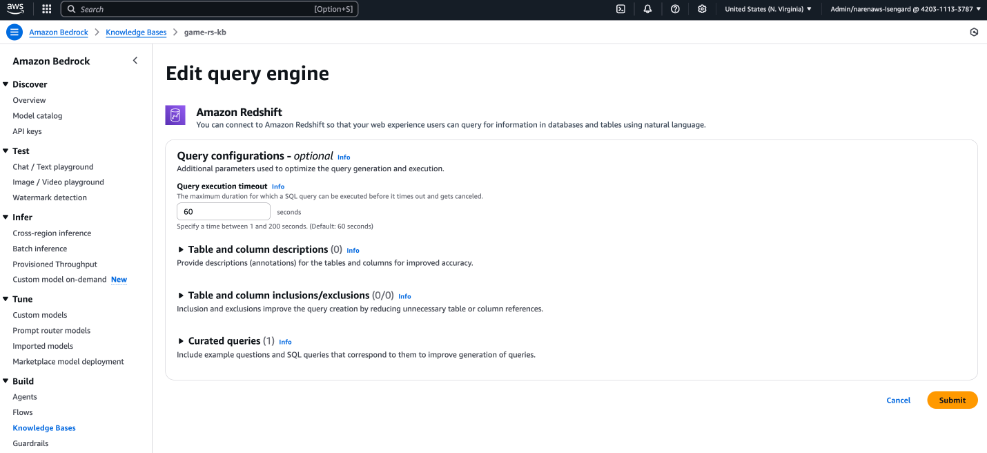 Edit query engine configuration page for Amazon Bedrock Knowledge Base with Redshift settings