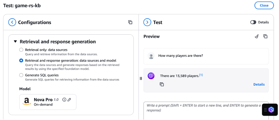 Test preview showing AI response to player count query with citation