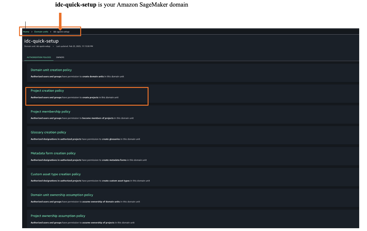 Amazon SageMaker unified studio authorization policies 