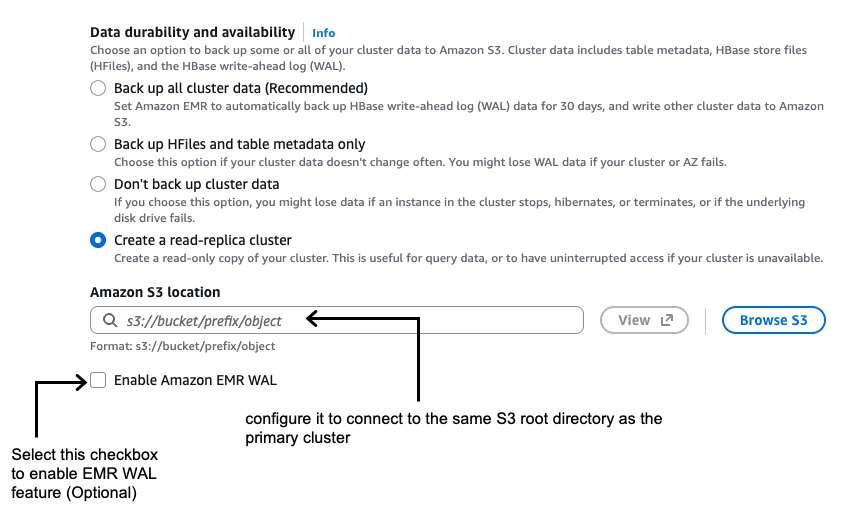 AWS console screenshot showing Amazon EMR data durability and availability configuration options, with "Create a read-replica cluster" option selected and S3 location settings.