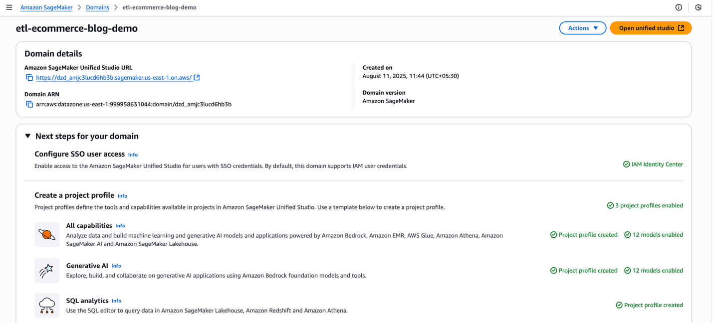 # Amazon SageMaker Domain Details Interface This screenshot shows the Amazon SageMaker domain details page for "etl-ecommerce-blog-demo