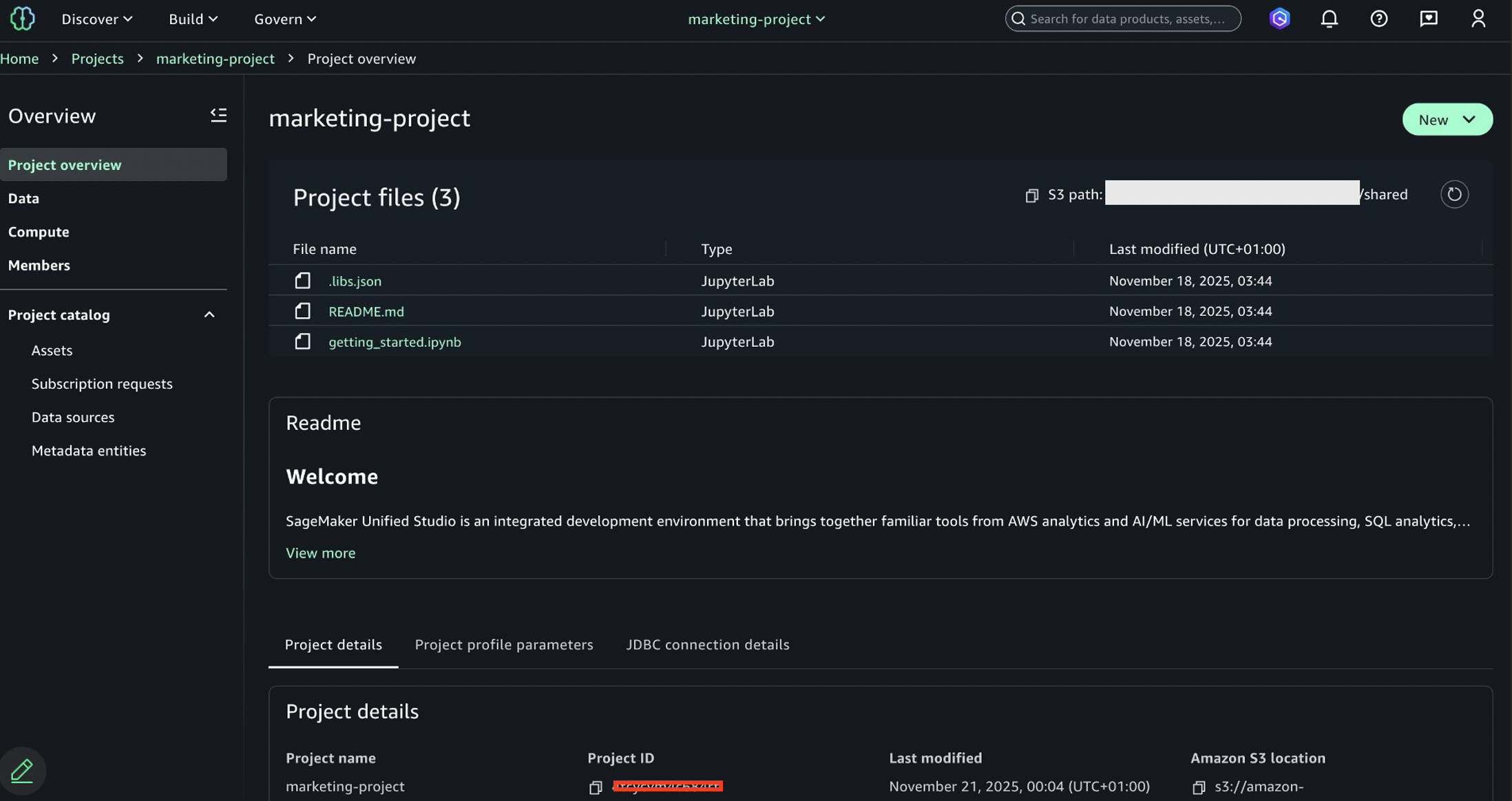 Amazon SageMaker Unified Studio marketing-project overview page displaying navigation breadcrumb (Home > Projects > marketing-project > Project overview), left sidebar menu with Project overview, Data, Compute, Members, and Project catalog sections, Project files section listing 3 JupyterLab files (.libs.json, README.md, getting_started.ipynb) last modified November 18, 2025, Readme section with Welcome heading describing SageMaker Unified Studio, and Project details tab showing project name, ID, last modified date November 21, 2025, and Amazon S3 location.