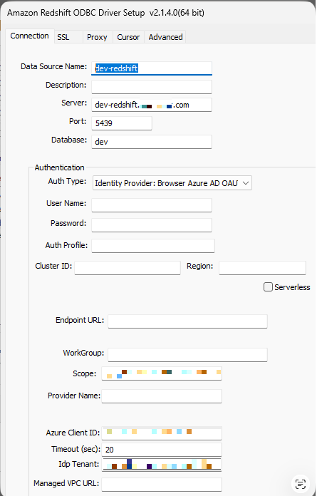 Figure 17: Amazon Redshift ODBC driver properties