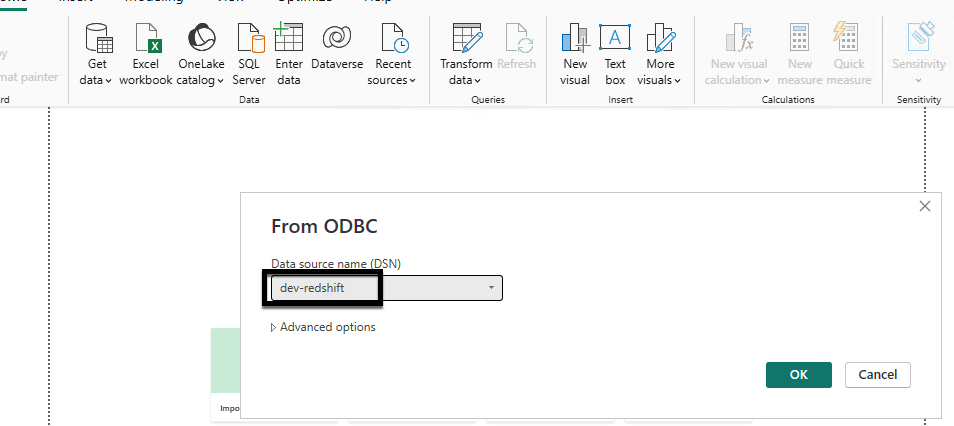 Figure 24: Power bi desktop connectivity using Amazon Redshift odbc driver