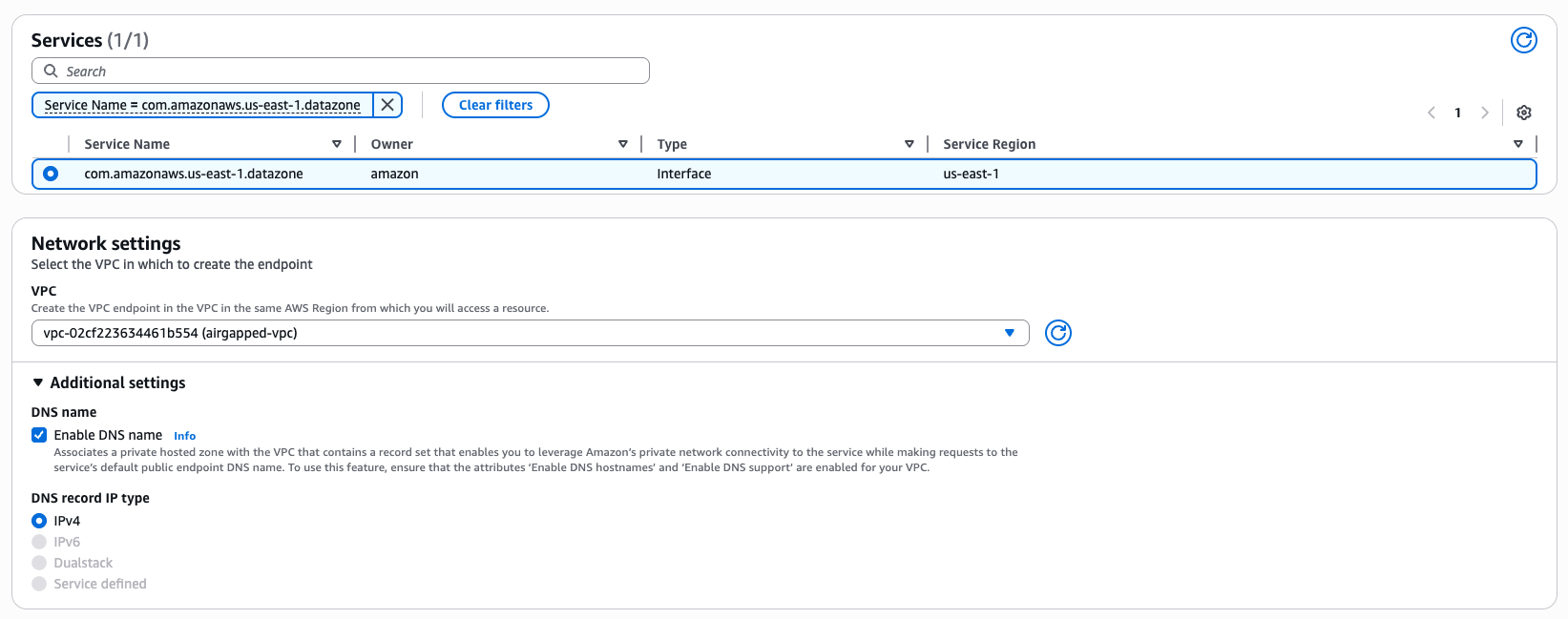 Figure 5 - Interface Endpoint creation wizard network settings