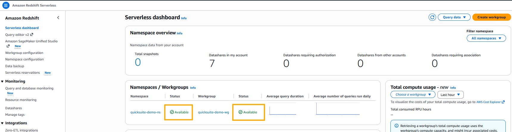 Amazon Redshift Serverless Workgroup and Namespaces