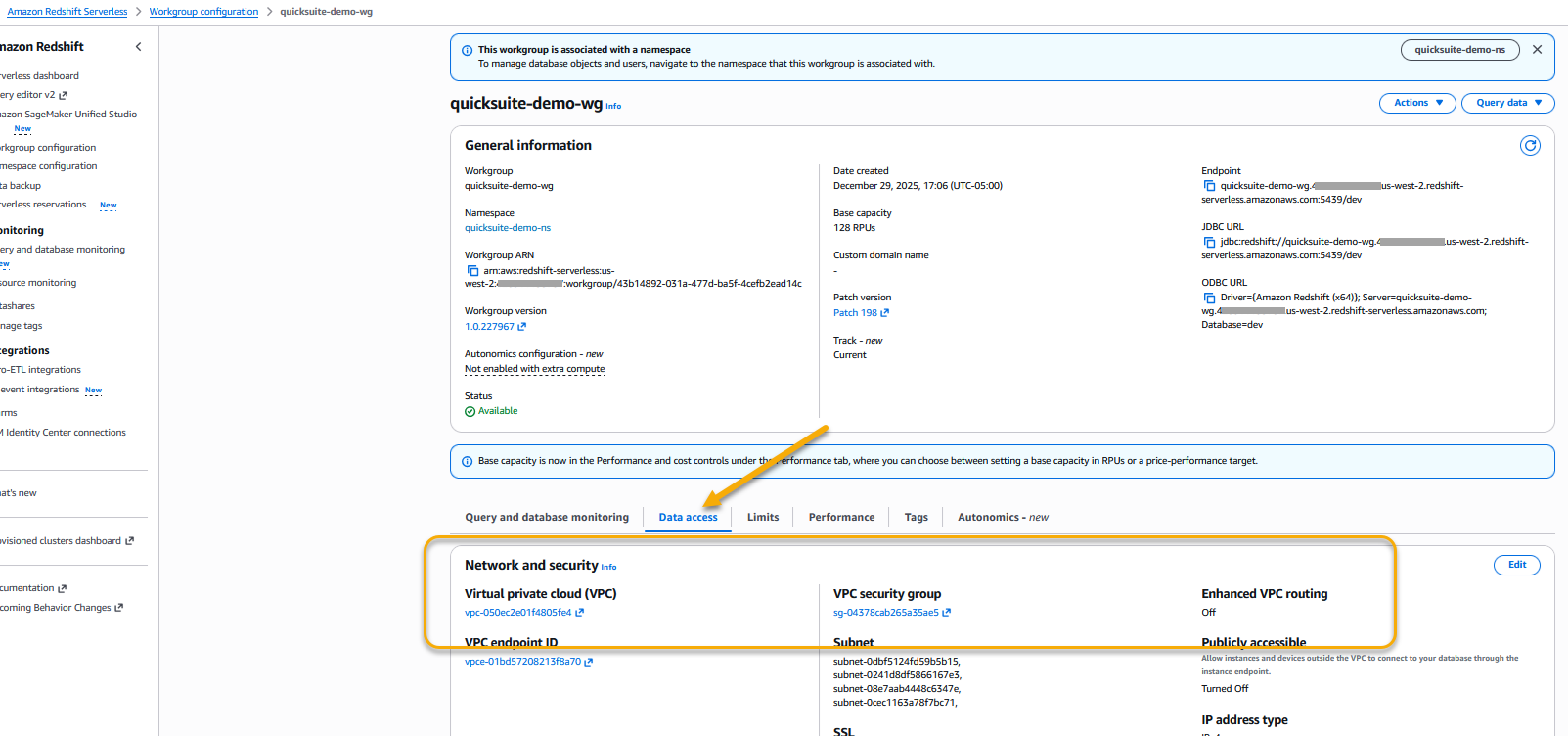 Amazon Redshift Serverless workgroup VPC and Security groups 