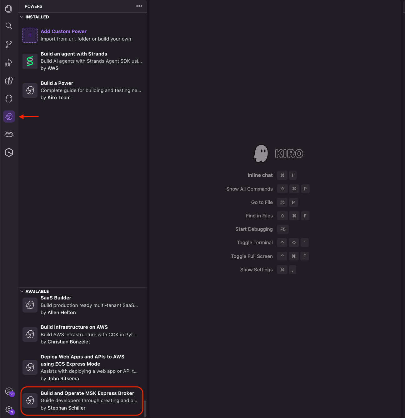 Screenshot of Kiro IDE Powers panel showing installed and available extensions including the MSK Express Broker power.
