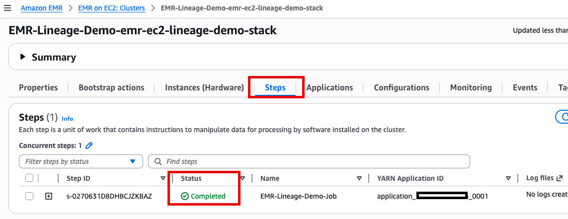 Screenshot of the Amazon EMR console Steps tab for the cluster "EMR-Lineage-Demo-emr-ec2-lineage-demo-stack," showing one completed step named "EMR-Lineage-Demo-Job" with Step ID s-0270631D8DHBCJZKBAZ and a green "Completed" status checkmark.