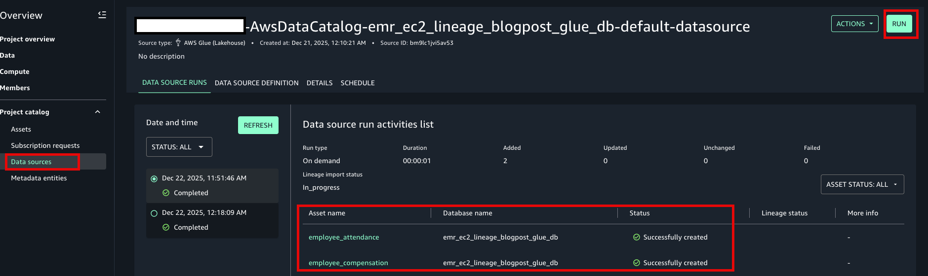 Screenshot of the AWS Glue Data Catalog interface showing run activities for the data source "AwsDataCatalog-emr_ec2_lineage_blogpost_glue_db-default-datasource," with two completed on-demand runs and a highlighted asset table showing employee_attendance and employee_compensation successfully created in the emr_ec2_lineage_blogpost_glue_db database.
