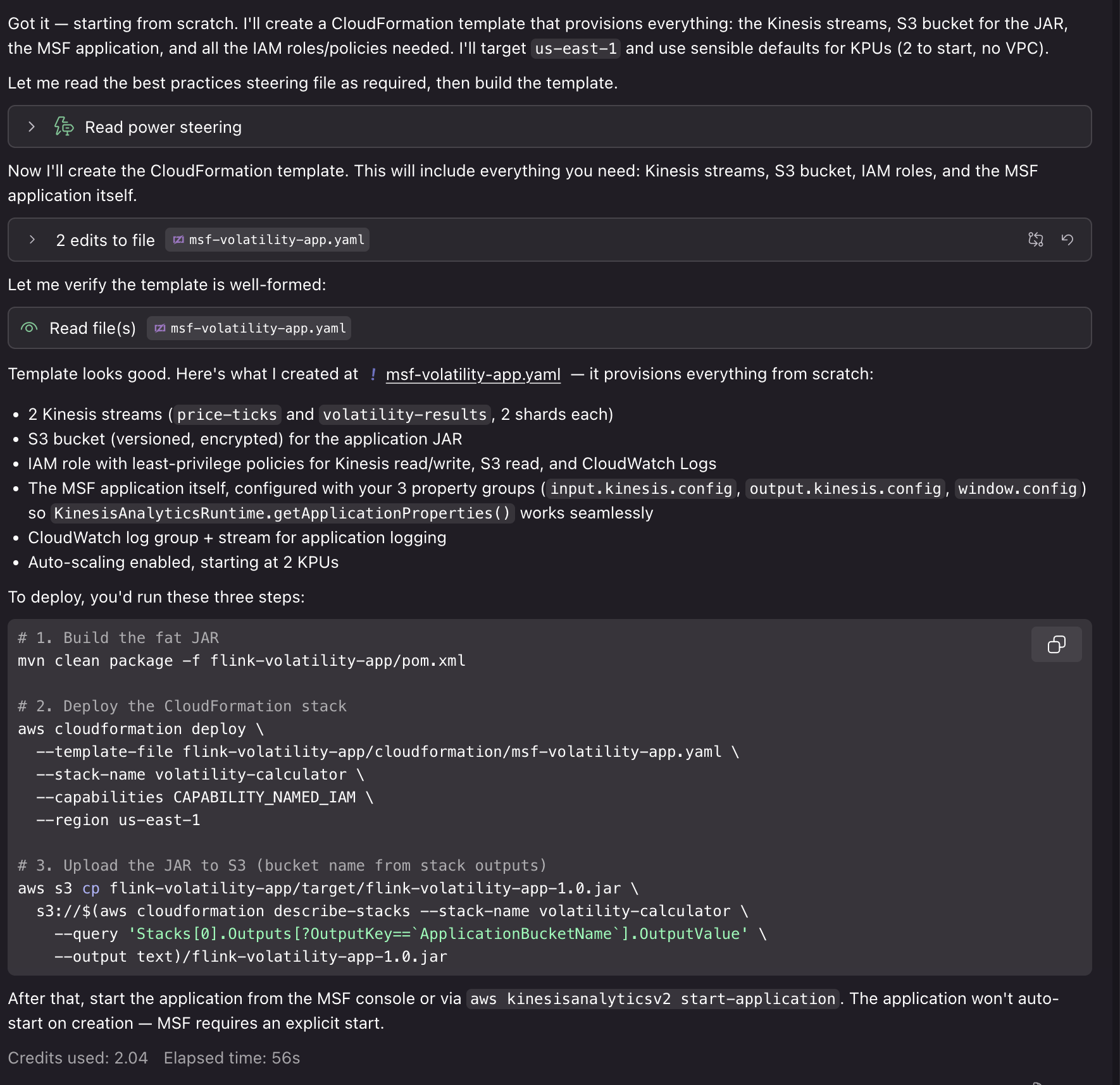 Kiro conversation summarizing creation of CloudFormation deployment resources