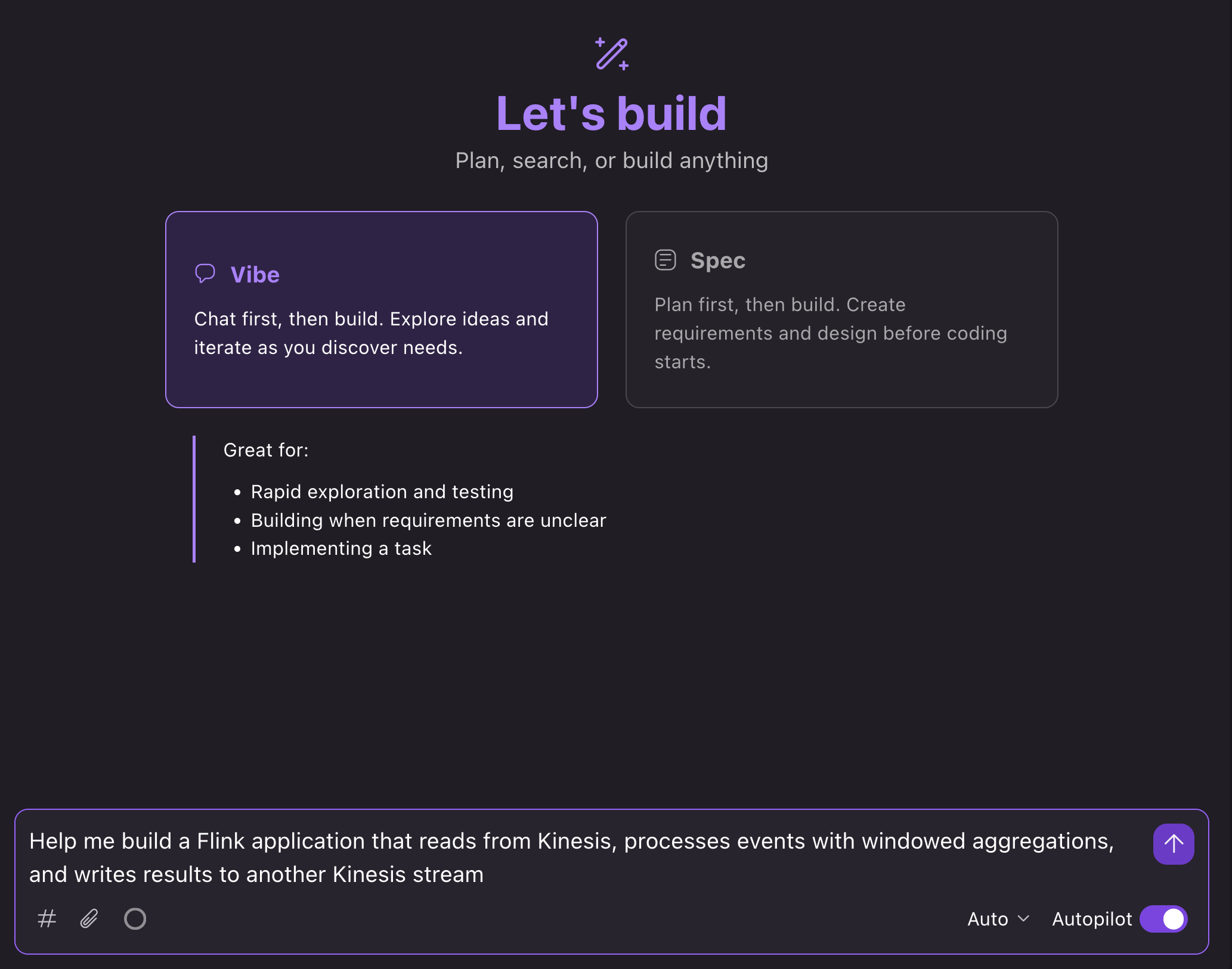 Kiro chat showing a prompt to build a Kinesis streaming application