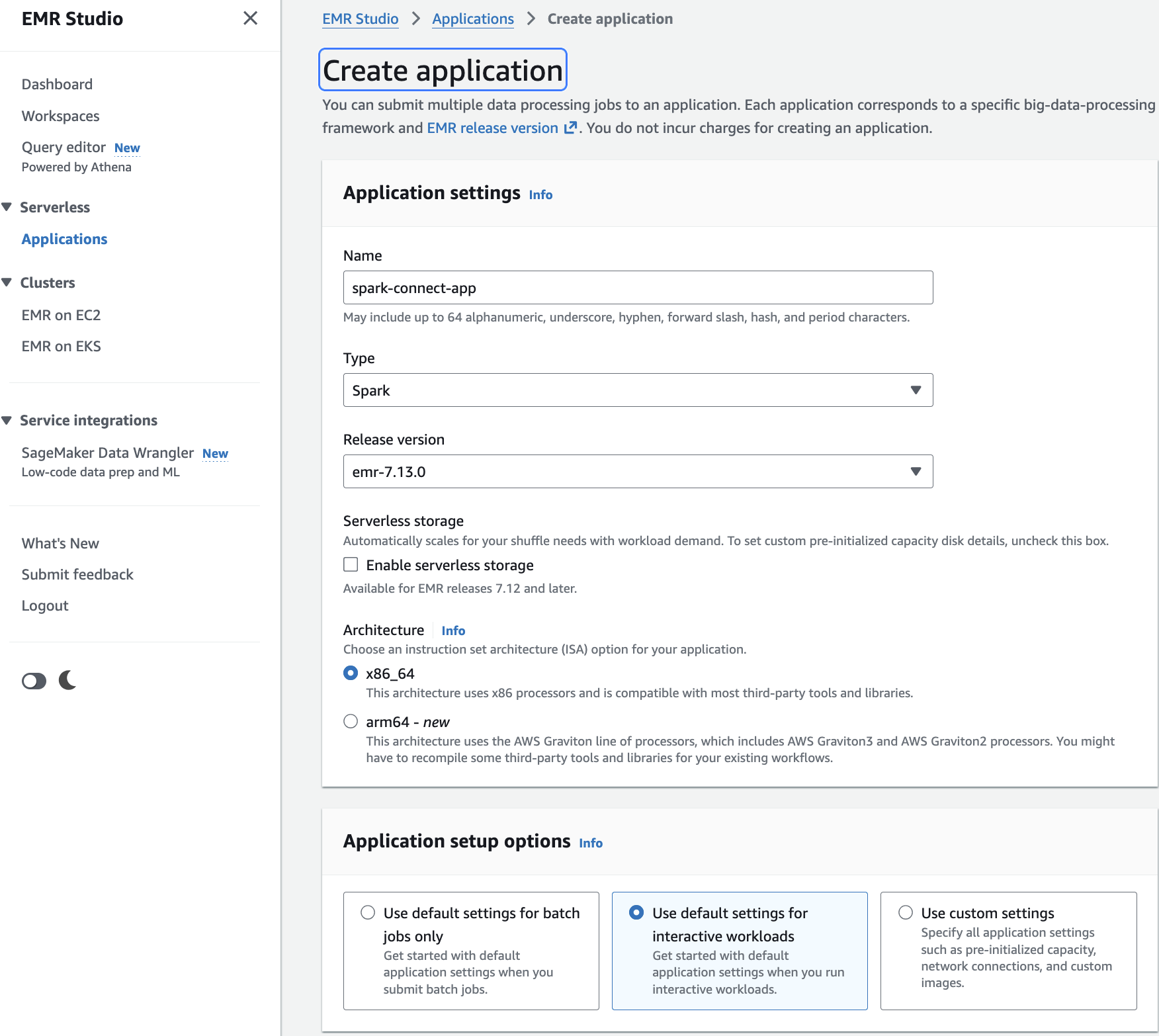 Amazon EMR Serverless application creation page in the EMR console