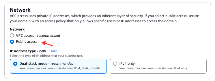 Amazon OpenSearch Service network configuration screen with Public access selected