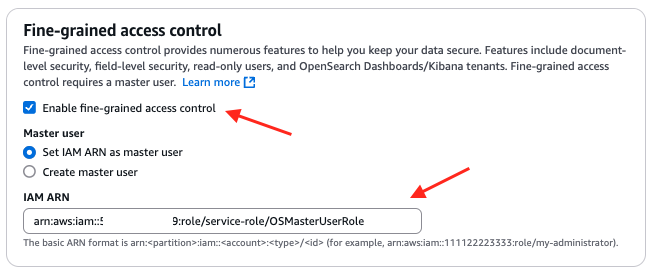 Amazon OpenSearch Service authentication configuration with Amazon Cognito enabled and a user pool and identity pool selected