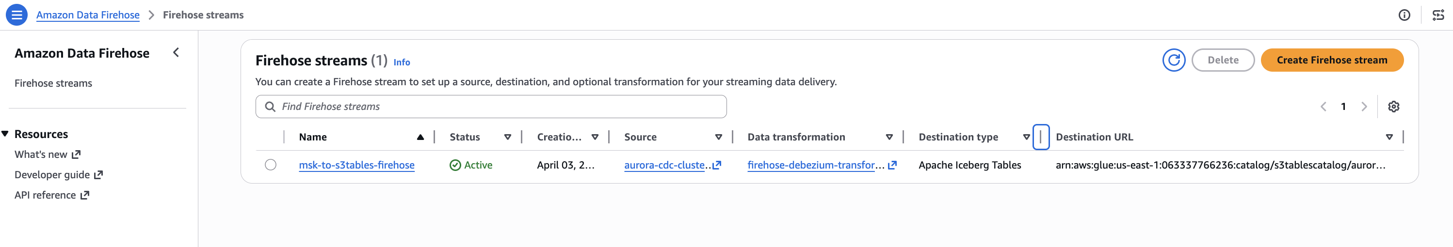 Figure 3. Amazon Data Firehose delivery stream with MSK source, Lambda transformation, and Apache Iceberg Tables destination.