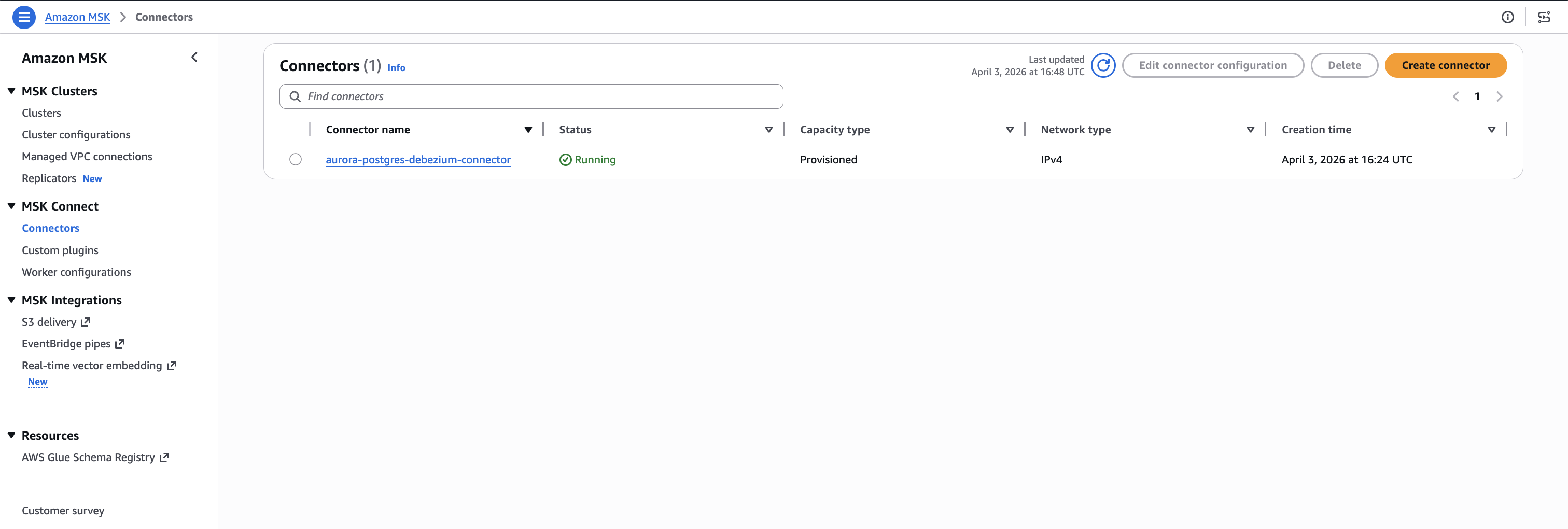 Figure 4. Debezium connector running on Amazon MSK Connect.