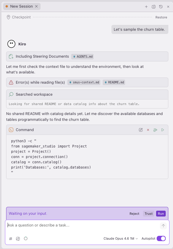SageMaker Unified Studio console showing the sagemaker_sample_db.churn dataset listed in the catalog