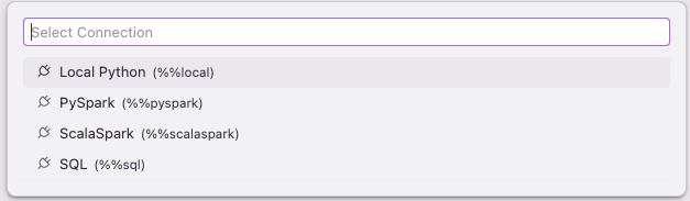 SageMaker connection selector dropdown showing the available connections for the project