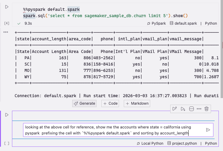 Notebook cell showing the Generate button populated with a natural language prompt
