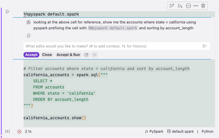 Generated PySpark code populating a notebook cell after using the Generate button