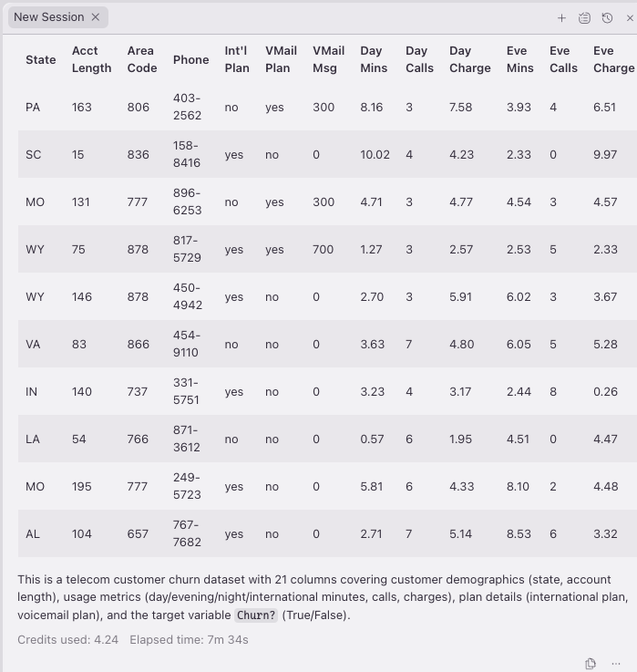 Comprehensive data sample showing 10 rows from the churn table with all 21 columns populated