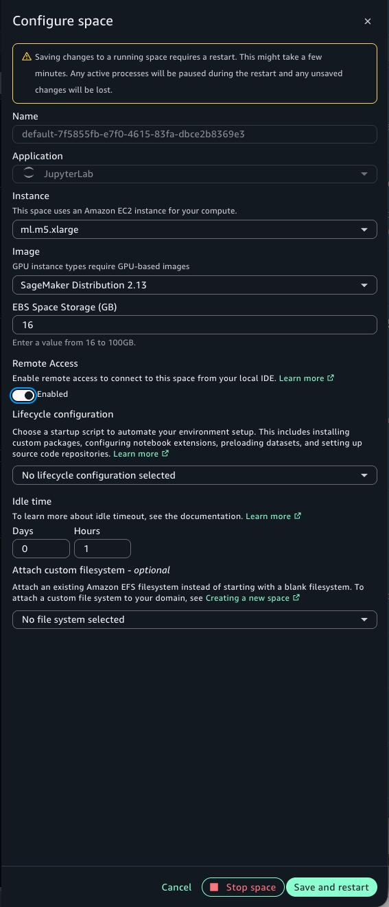 Configure Space dialog with the Remote Access toggle set to Enabled on an 8 GiB instance