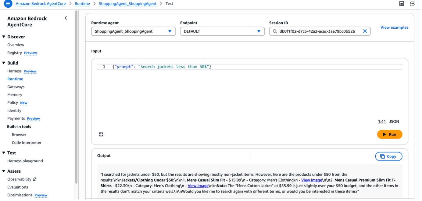 Agent Sandbox console showing a shopping agent response that returns the Mens Cotton Jacket as the relevant result for the prompt “Search jacket less than 50$”.