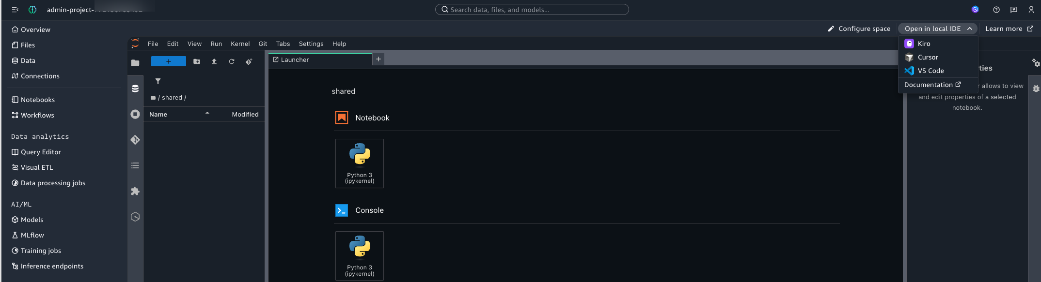 JupyterLab toolbar with the Open in Local IDE option visible