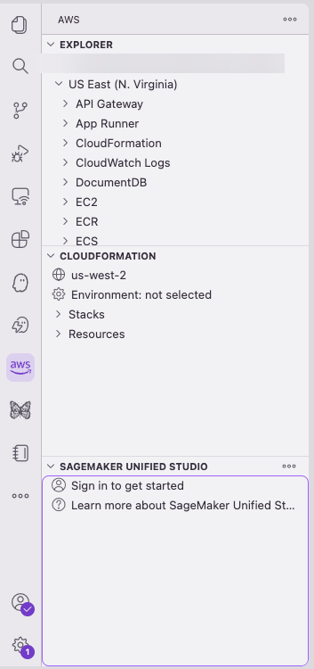 AWS Toolkit panel expanded in Kiro showing the Sign in option