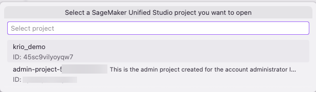 Kiro AWS Toolkit panel showing SageMaker Unified Studio domains and projects in a tree view