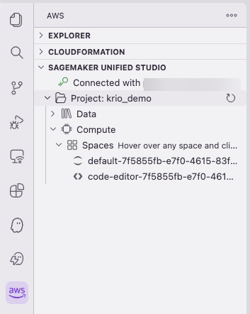 Kiro sidebar showing the Data and Compute sections expanded under a SageMaker Unified Studio project