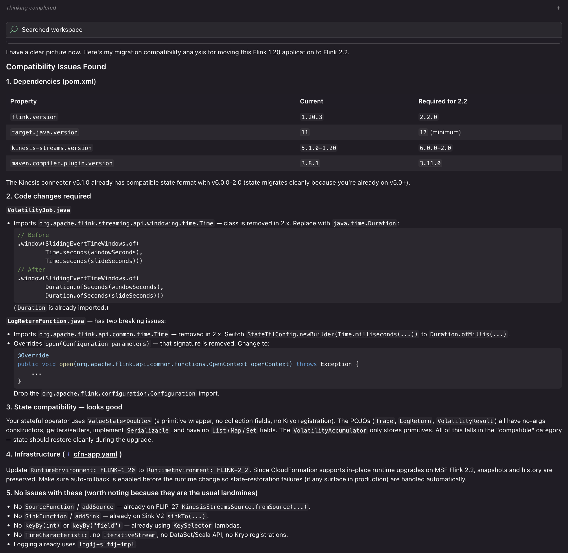 Kiro analyzing Flink 1.x code for 2.2 compatibility issues