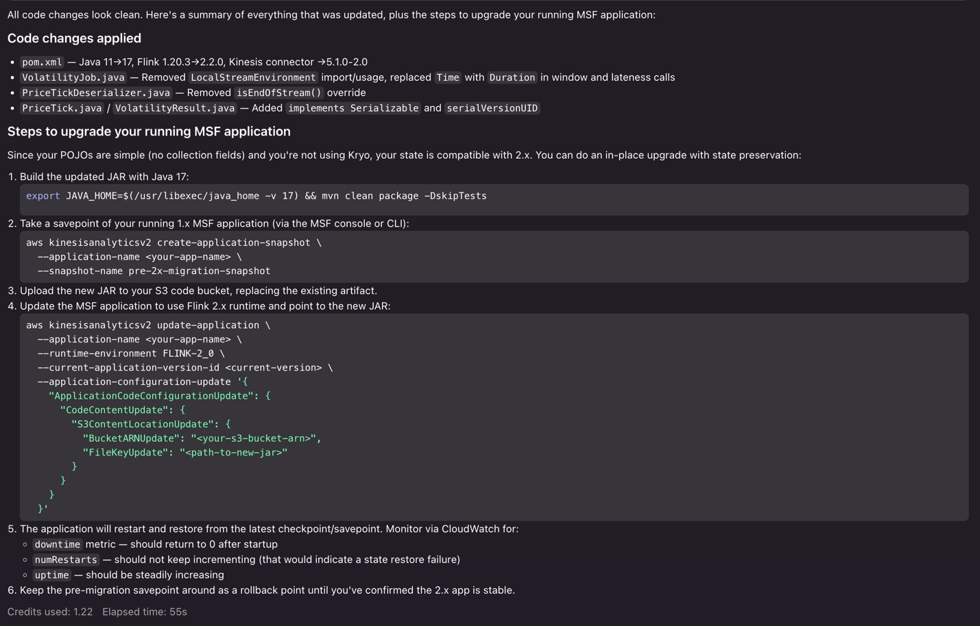 Kiro providing a step-by-step migration plan for Flink 2.2