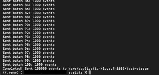Terminal output showing the test log event script sending sample records to the CloudWatch log group