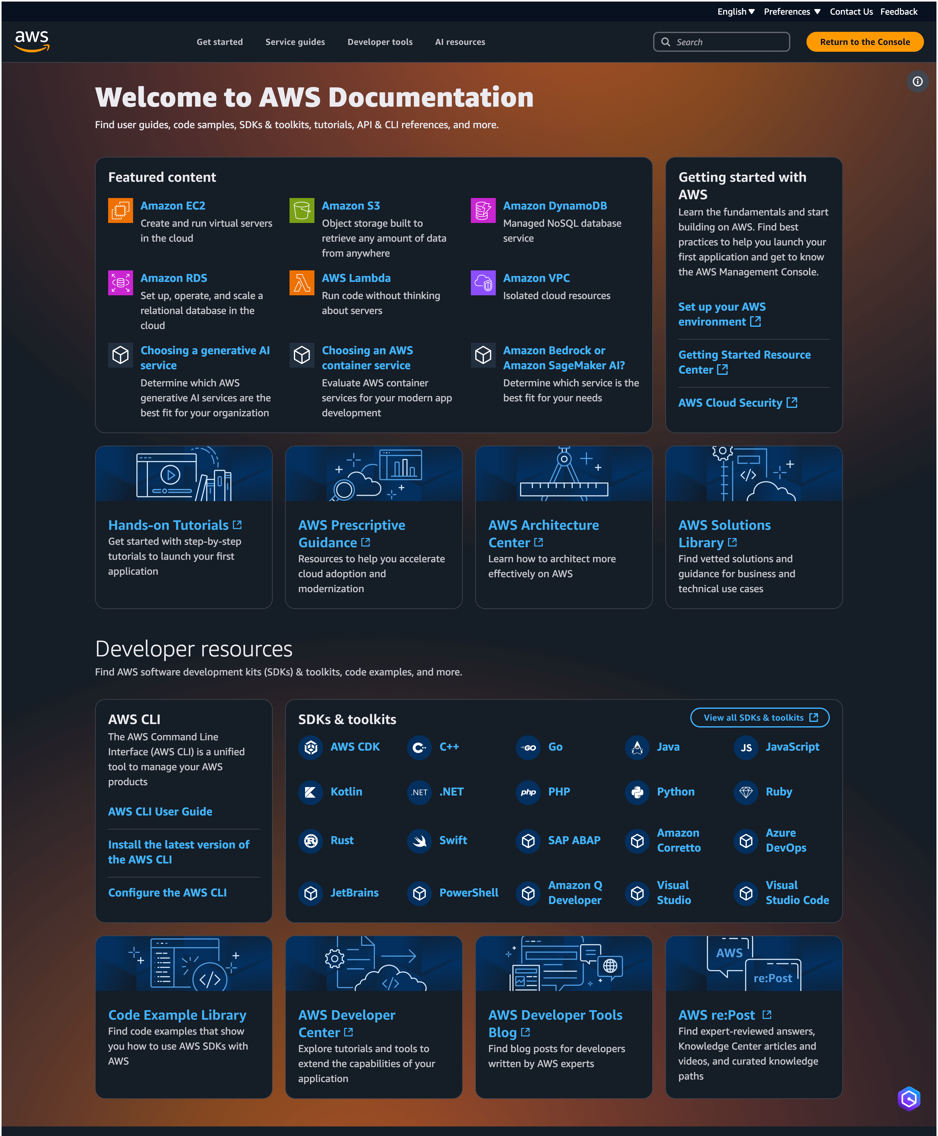 Screenshot of AWS Documentation home page