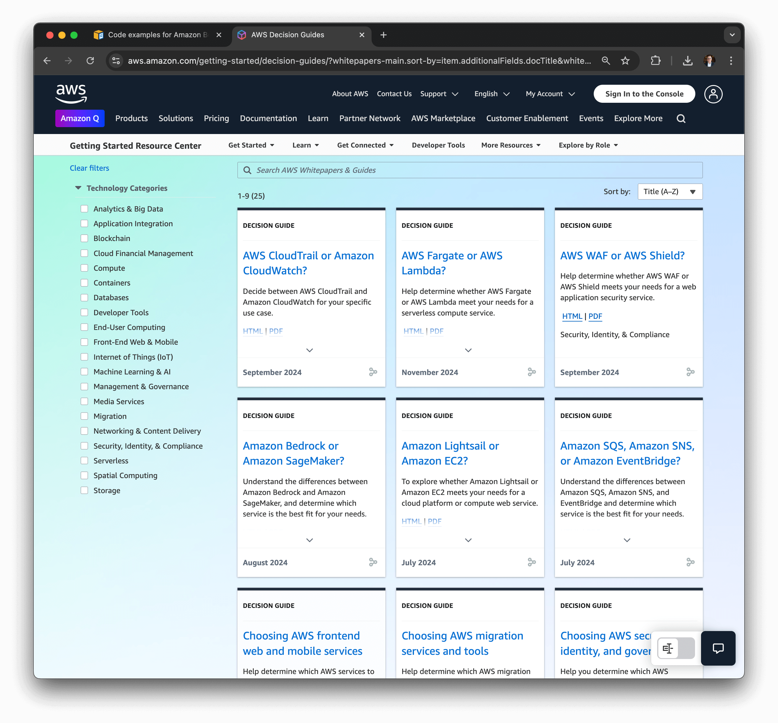 Screenshot showing the decision guides directory