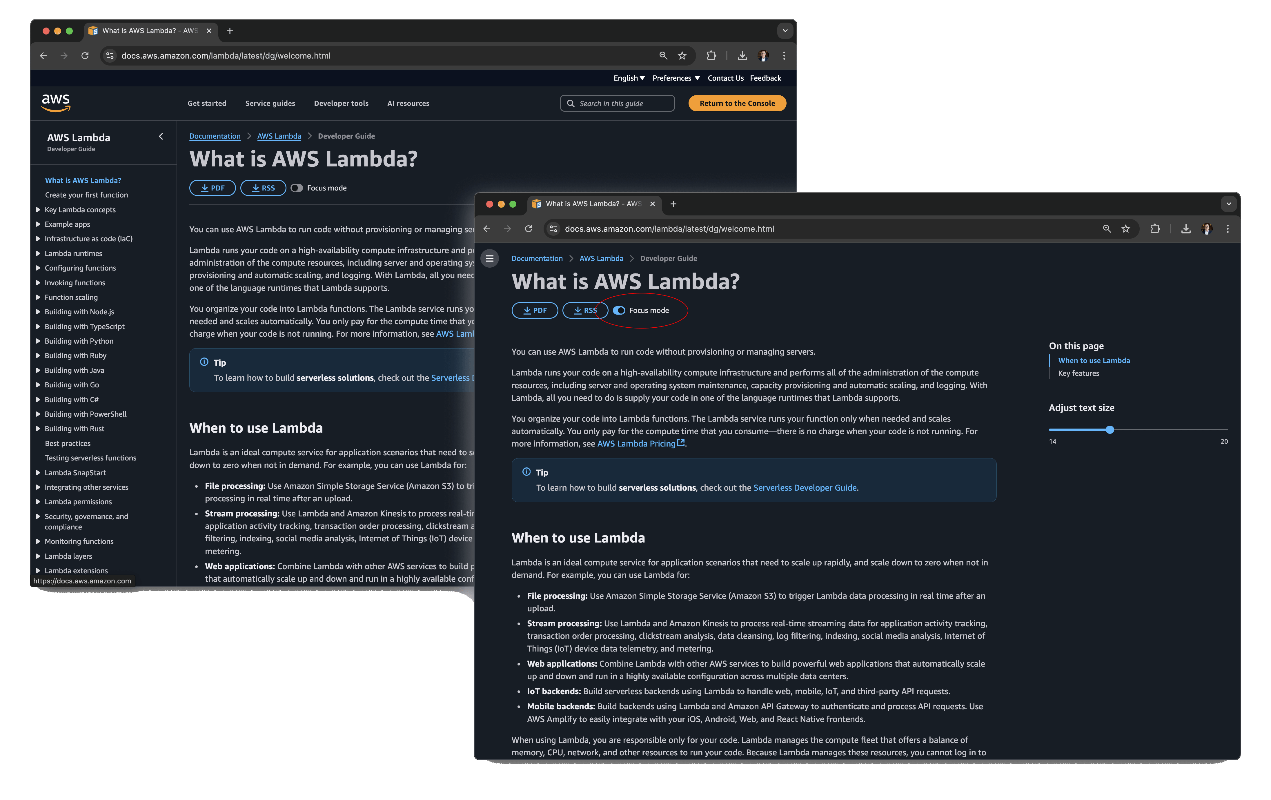 Screenshot of AWS Documentation guide illustrating how focus mode works