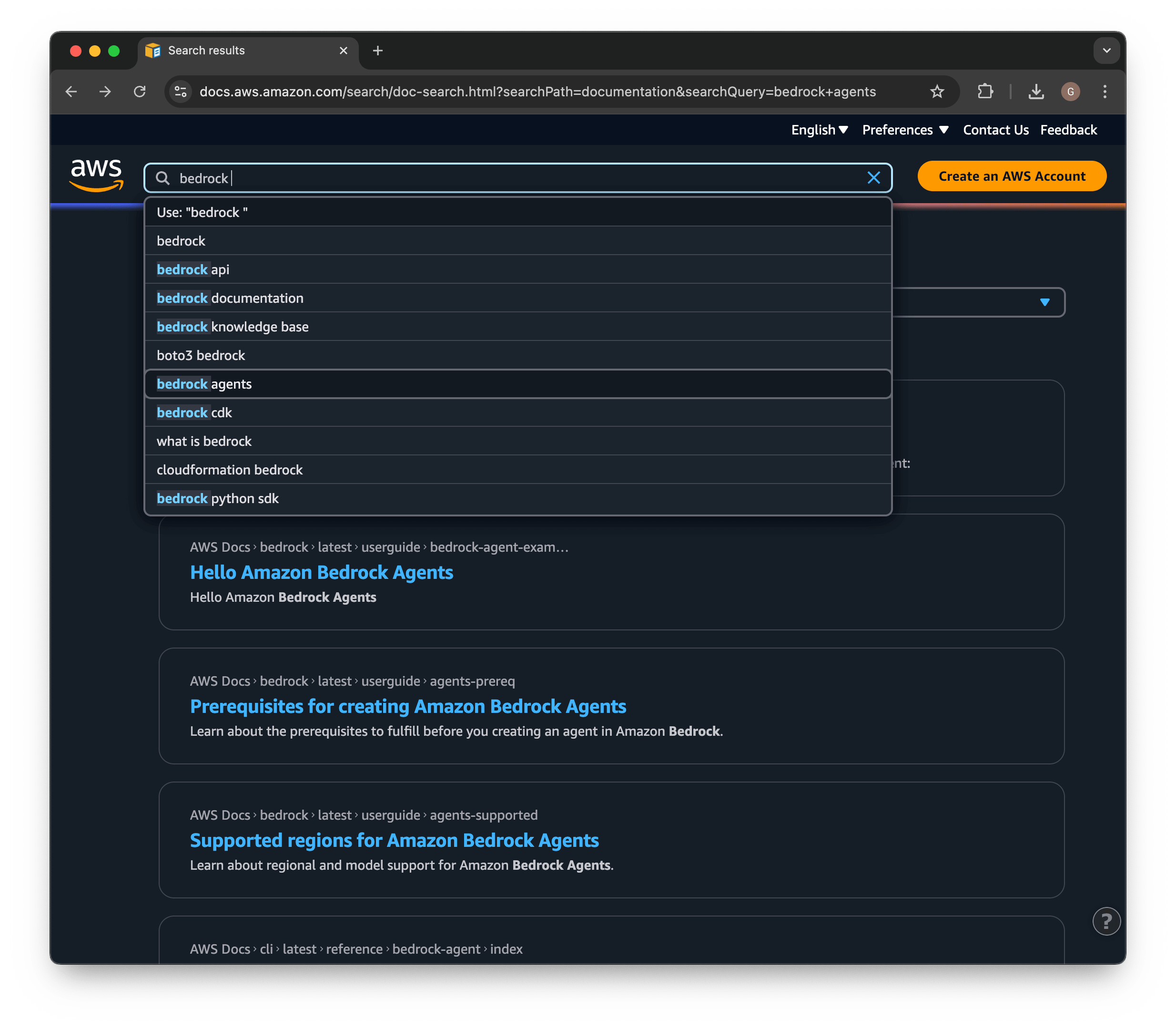 Screenshot of AWS Documentation search results and auto-suggest