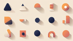 Image has peach background and foreground with 15 equally spaced orange and black icons of varying shapes and color variations.