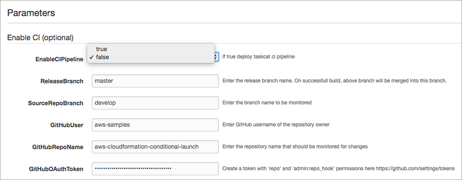 stack parameters for enable ci stack
