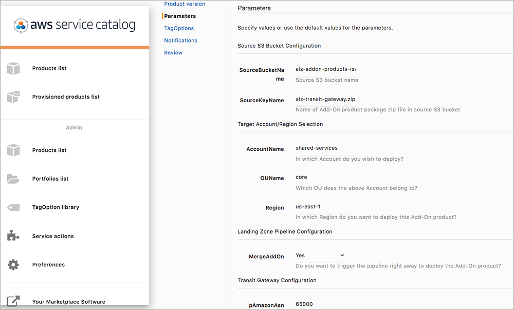 speciry add on deployment parameters